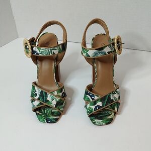 Tropical Green Leaf Print Women's Heeled Sandals By Call It Spring Sz 7